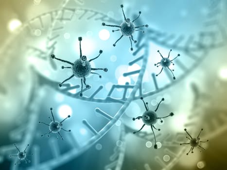 3D render of a medical background with DNA strandand virus cells