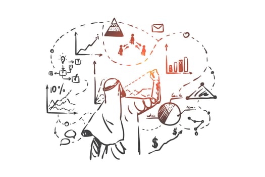 Business analytics, analysis concept sketch. Financial success achievement, income increase strategy, arab businessman, muslim analyst developing profit growth plan. Hand drawn isolated vector
