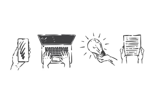 Gadgets in hands, access to information concept sketch. Document, smartphone in palm, fingers typing on laptop keyboard, lightbulb in hand, innovative idea metaphors set. Hand drawn isolated vector