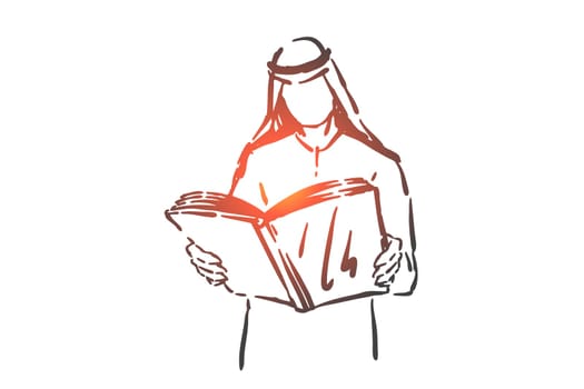 Literature hobby, education concept sketch. Intellectual leisure, knowledge gaining, learning process, arab student holding open textbook, muslim man reading book. Hand drawn isolated vector