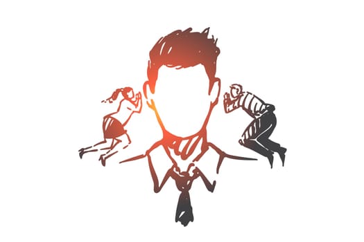 Professional assistance, advice concept sketch. Business guidance, financial, legal consultation metaphor, faceless businessman, company manager with personal advisors. Hand drawn isolated vector
