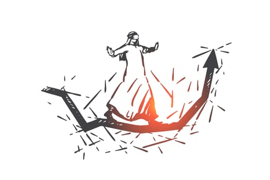 VR analytics and statistics concept sketch. Muslim businessman standing on graph growth, Arab man analyzing diagram in modern AR glasses, business analysis. Hand drawn isolated vector