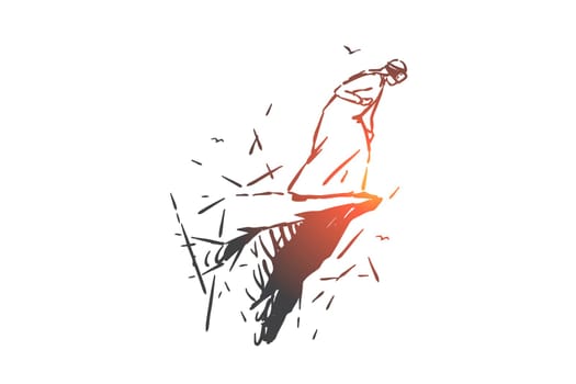 Virtual reality tourism concept sketch. Digital recreation, futuristic entertainment technology, high tech leisure, arab, muslim man in modern VR headset standing on cliff. Hand drawn isolated vector