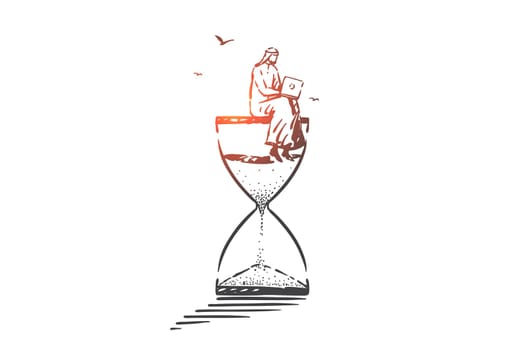 Time management, freelance concept sketch. Distance job, modern recreation, time online metaphor, arab businessman sits on hourglass, muslim freelancer working with laptop. Hand drawn isolated vector