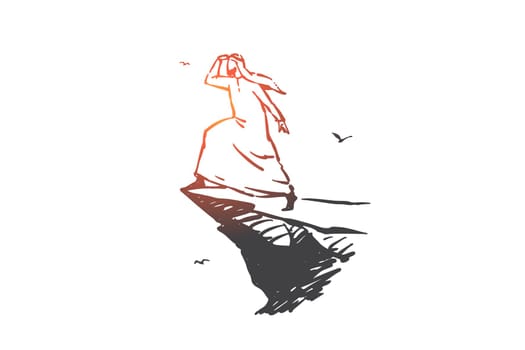 Opening new horizons in Arab business concept sketch. Muslim man standing on mountain top, looking with hand over forehead, successful businessman ready for new challenges. Hand drawn isolated vector