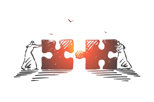 Business collaboration, cooperation concept sketch. Corporate partnership, teamwork metaphor, arab businessmen putting big puzzle pieces together, muslim people coworking. Hand drawn isolated vector