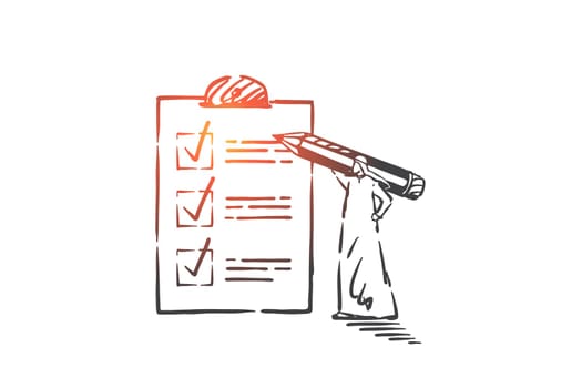 Checking to-do list, planning activities concept sketch. Muslim businessman marking completed tasks, finished obligations, Arab man summarizing goals achievement. Hand drawn isolated vector