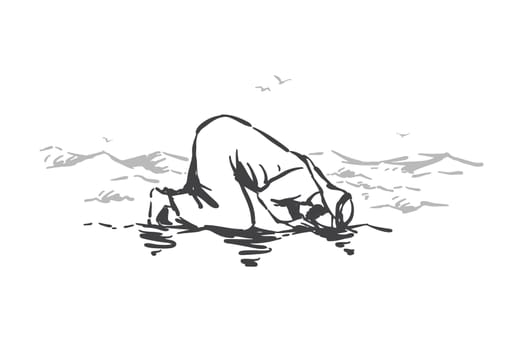 Islamic faith, religion, prayer concept sketch. Lonely Muslim man kneeling and praying in desert sands, dunes, believers obedience and hope for God metaphor. Hand drawn isolated vector