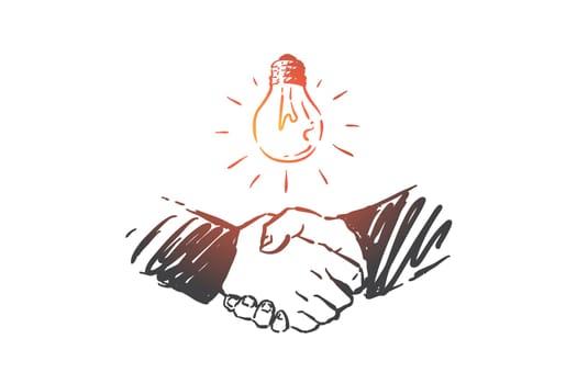 Partnership, innovation, collaboration concept sketch. Businessmen handshake, successful negotiations and agreement, business partners productive deal metaphor. Hand drawn isolated vector