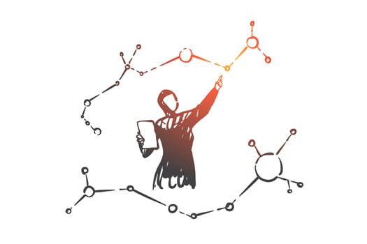 Arab women scientists concept sketch. Muslim researcher analysing chemical formula female chemist studying atomic structure, making breakthrough discovery. Hand drawn isolated vector