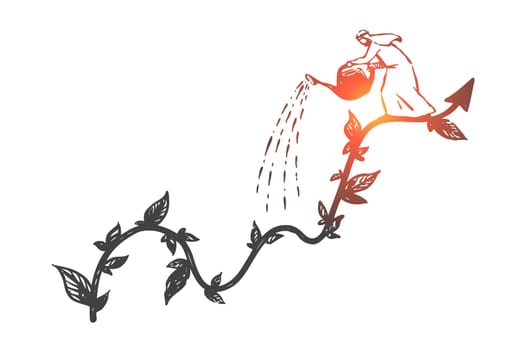 Capital investment, deposit concept sketch. Profit growth, income increase metaphor, arab investor on rising arrow with leaves, muslim businessman watering financial graph. Hand drawn isolated vector