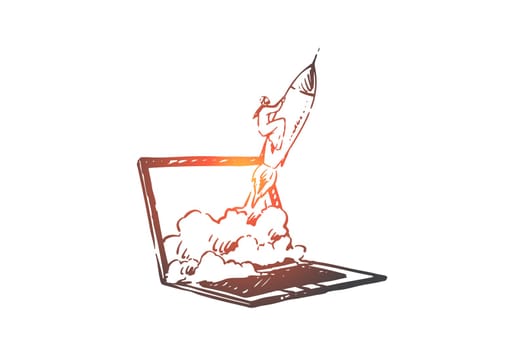 Launching startup online concept sketch. Muslim businessman flying or rocket metaphor, Arab entrepreneur starting new business project, using computer technologies. Hand drawn isolated vector