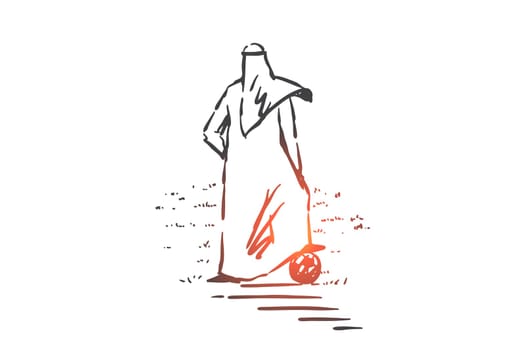 Muslim footballer concept sketch. Arab man with foot on ball playing soccer, enjoying outdoor activities, businessman doing sports, relaxing, having leisure time. Hand drawn isolated vector
