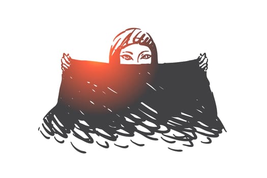 Muslim woman with black scarf concept sketch. Beautiful arab girl with almond-shaped eyes making shawl dance movement, mesmerizing glance of enigmatic arabian lady. Hand drawn isolated vector
