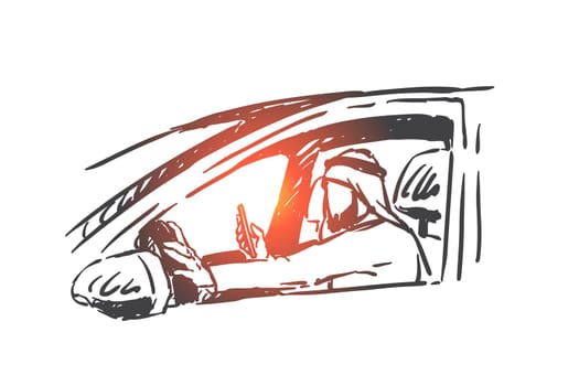 Muslim man driving car, holding smartphone in hand concept sketch. Busy wealthy Arab businessman checking messages and notifications sitting in vehicle driving seat. Hand drawn isolated vector