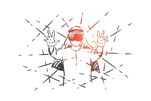Muslim enjoying VR gaming concept sketch. Excited Arab man wearing virtual reality headset, amazed businessman testing augmented reality, cyberspace, simulation experience. Hand drawn isolated vector