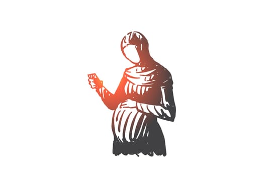 Pregnant muslim woman concept sketch. Expectant Arab lady touching cute belly, holding smartphone, future mother in anticipation of baby calling on cell phone. Hand drawn isolated vector