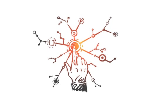Networking, connectivity, branching concept sketch. Futuristic technology, digital user interface metaphor, businessman hand pushing button, finger pointing at central node. Hand drawn isolated vector