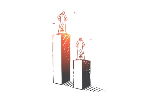 Envy, inequality, leadership concept sketch. Business rivalry, competition career growth, social status metaphor, arab businessmen, muslim people standing on columns. Hand drawn isolated vector