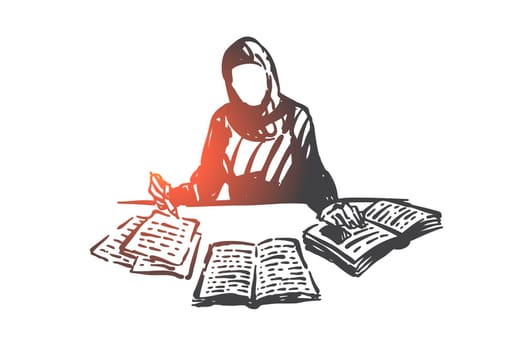 Education of Muslim woman concept sketch. Arab girl in hijab studying, reading books, self-study, home education, college student preparing for exams, doing homework. Hand drawn isolated vector