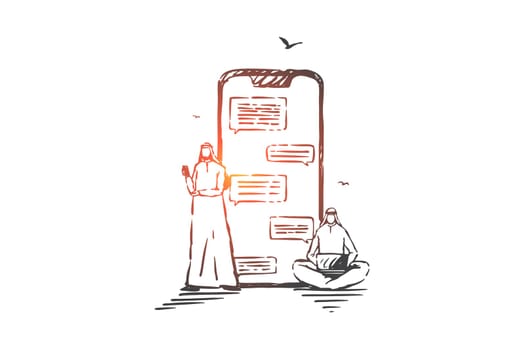 Online communication, chatting concept sketch. Arab businessmen, Muslim partners sending messages with smartphone, laptop, computer technologies for business correspondence. Hand drawn isolated vector