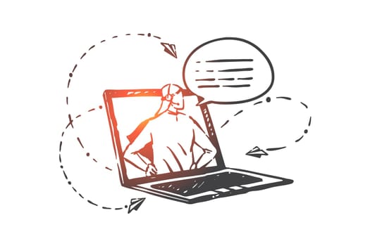 Helpline, operator, hotline concept sketch. Online business consulting, Internet technical support, Arab sales agent, customer service, Muslim businessman call center. Hand drawn isolated vector