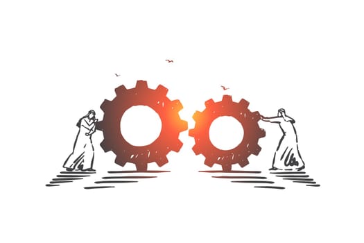 Teamwork, partnership, coworking concept sketch. Muslim businessmen cooperation, Arab business partners collaboration, company employees productive team building metaphor. Hand drawn isolated vector