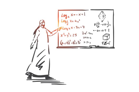 Algebra lesson, education concept sketch. Muslim university teacher explaining maths and scientific formula, Arab lecturer, school tutor at class, exact science course. Hand drawn isolated vector