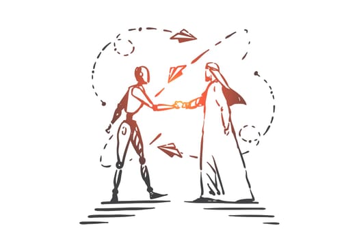 AI technologies, partnership concept sketch. Artificial intelligence creation, Arab and robot handshaking, Muslim businessman and cyborg coworking, futuristic high tech. Hand drawn isolated vector