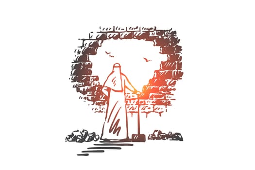 Overcoming obstacles, determination concept sketch. Crossing boundaries, smashing barriers metaphor, muslim man, arab businessman breaking through wall with hammer. Hand drawn isolated vector
