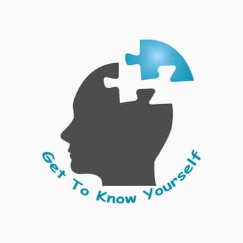 Silhouette of puzzle head of man showing Get To Know Yourself concept vector isolated on a white background.