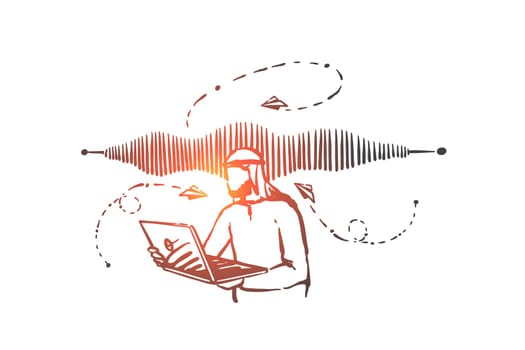 Internet video call concept sketch. Modern communication technology, online conference, business conversation, voice mail metaphor, arab businessman, muslim man with laptop. Hand drawn isolated vector