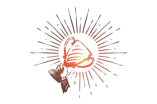 Leadership, success, achievement concept sketch. Businessman hand holding golden trophy cup, championship winner, leader with award, victory and progress metaphor. Hand drawn isolated vector
