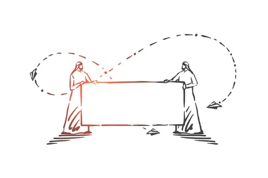 Demonstration, announcement, advertisement concept sketch. Muslim businessmen holding blank banner, Arab demonstrators with empty placard, business partnership. Hand drawn isolated vector