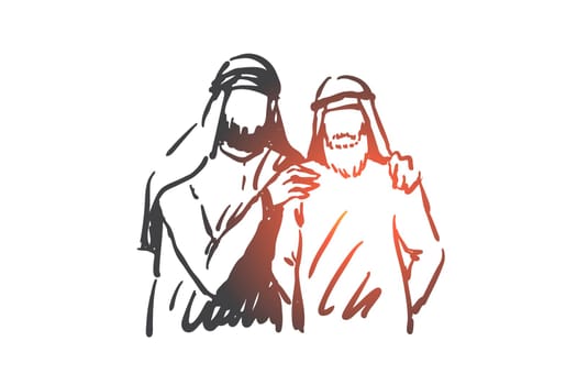 Friendship, partnership, cooperation concept sketch. Muslim people hugging, Arab friends meeting, characters standing together and posing for portrait photo. Hand drawn isolated vector
