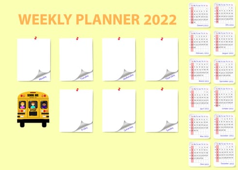 Back to school  weekly planner with blank stickers calendar for 2022 year. Week starts on Sunday.