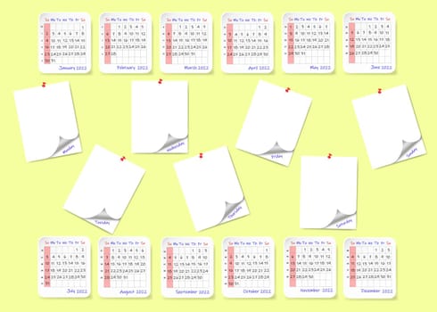 Weekly planner with blank stickers calendar for 2022 year on yellow background. Week starts on Sunday.