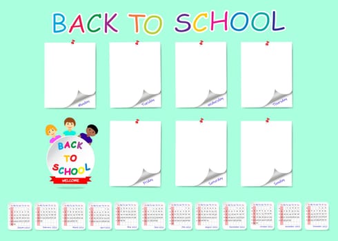 Back to school  calendar with blank stickers as weekly planner.
