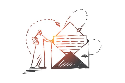 Postal service, correspondence concept sketch. Old fashioned business communication, newsletter metaphor, arab postman, muslim mailman with open envelope and paper planes. Hand drawn isolated vector