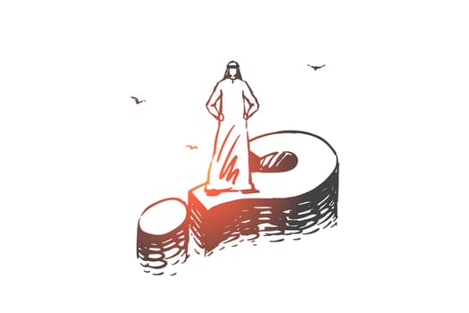Solution, problem decision concept sketch. Muslim businessmen brainstorming, Arab standing on question mark, man contemplating, searching ideas metaphor. Hand drawn isolated vector