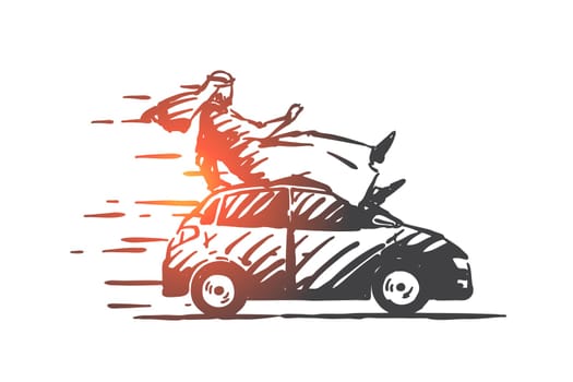 Extreme car ride concept sketch. Arab express transportation business, adrenaline rush metaphor, muslim man sitting on fast driving car, exciting adventure, road trip. Hand drawn isolated vector