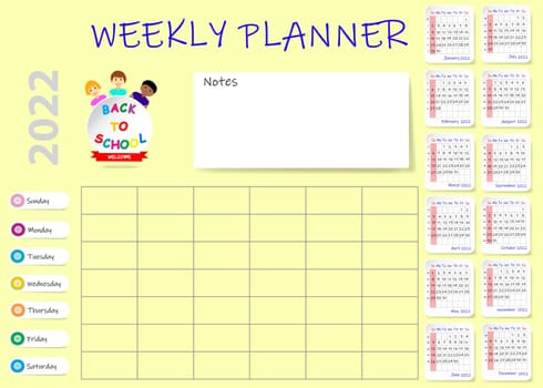 2022 year weekly planner with blank calendar and notes or 2022 year. on yellow background. Week starts on Sunday.