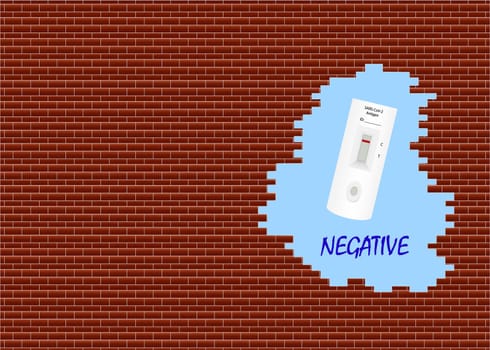 Vector showing  rapid covid-19 test with negative result in a hole in the brick wall.
