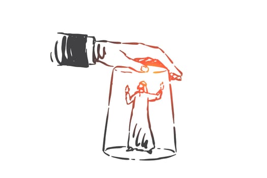 Stress, pressure, harassment at job concept sketch. Arab businessman under bell jar, boss forcing and manipulating employee, Muslim worker unger glass cup metaphor. Hand drawn isolated vector