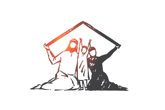 Family protection, togetherness, concept sketch. Arab parents with kids holding home roof, Muslim father and mother with child, house insurance and security. Hand drawn isolated vector