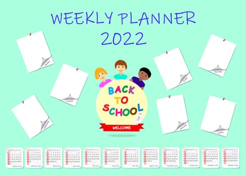 Back to school  weekly planner with blank stickers and round with children of different races.