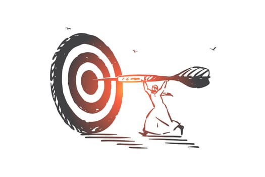 Achievement, aim, skill concept sketch. Business strategy and goal, targeted marketing, leadership and success, Arab man victory, Muslim businessman solution result. Hand drawn isolated vector