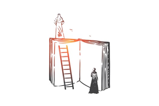 Wisdom, mentoring, aspirations concept sketch. Personal growth, self improvement, education metaphor, smart muslim man, wise arab businessman standing on book. Hand drawn isolated vector