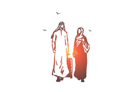Married couple traveling concept sketch. Arab wife and husband honeymoon, Muslim man and woman business trip, male and female characters holiday vacation. Hand drawn isolated vector
