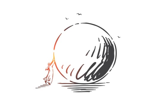 Motivation, determination, effort concept sketch. Business goal, success strive, difficult challenge metaphor, arab businessman, muslim man pushing huge sphere. Hand drawn isolated vector